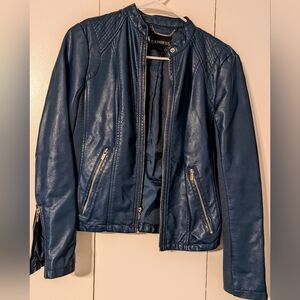 Express Blue Leather Moto Jacket with Stand-Up Collar